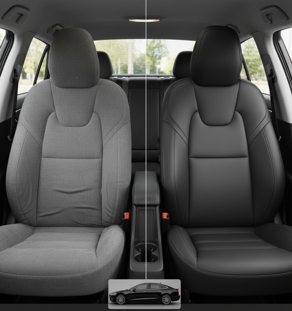 Before-and-after comparison of Tesla Model 3 front seats, showing original cloth seat upgraded to perforated leather upholstery.
