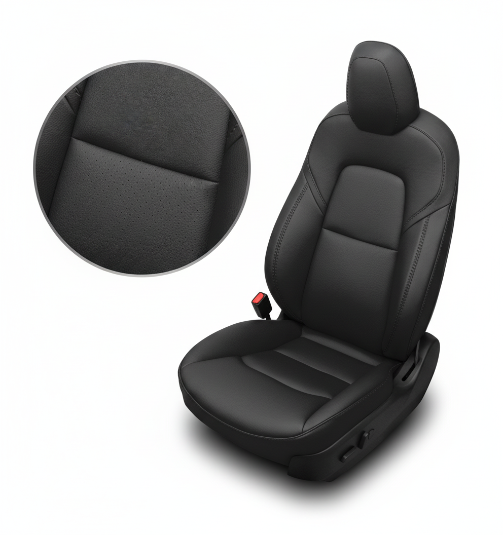 Black car seat with close-up of fabric texture on a white background