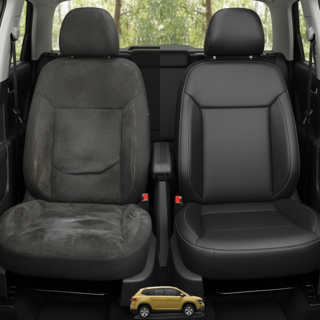 Before-and-after comparison of Volkswagen Atlas front seats, showing original cloth seat upgraded to perforated leather upholstery.
