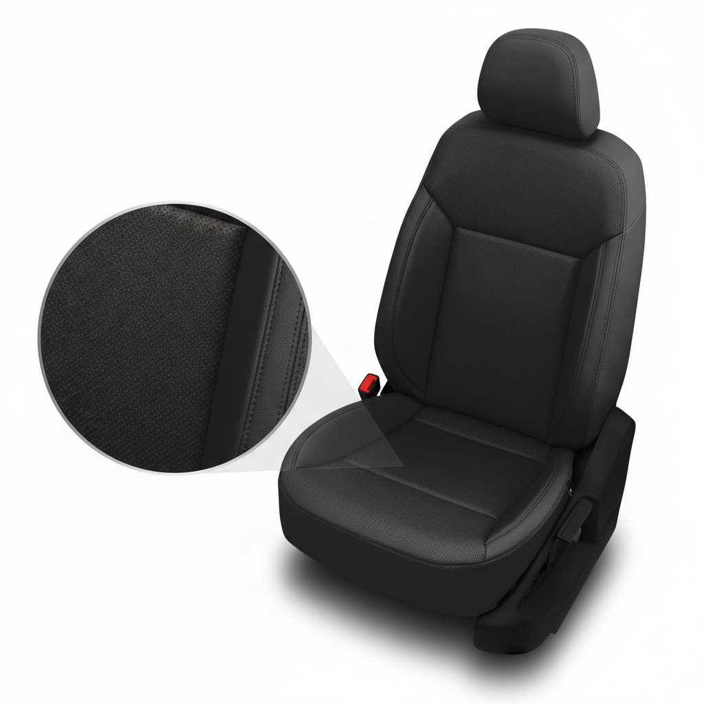 Black car seat cover with close-up of texture on a white background