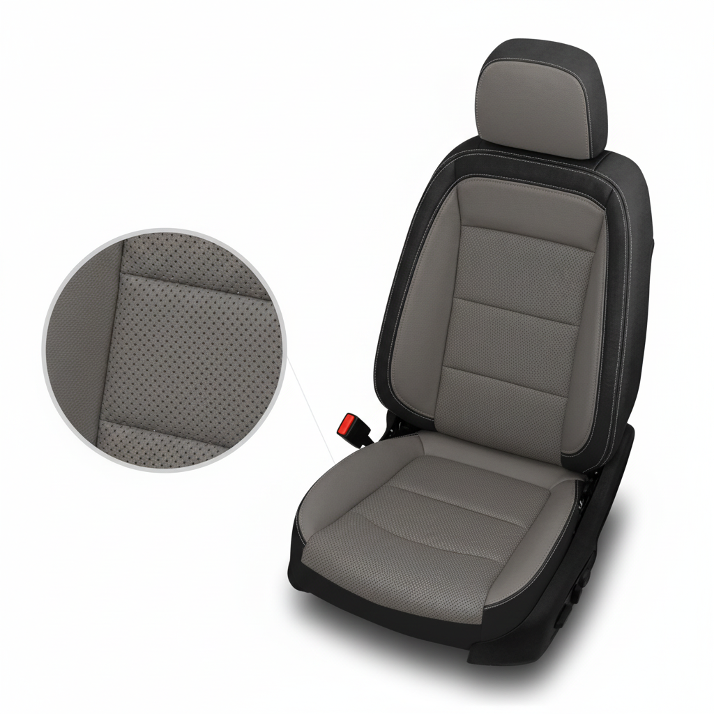 Gray car seat cover with black trim on a white background