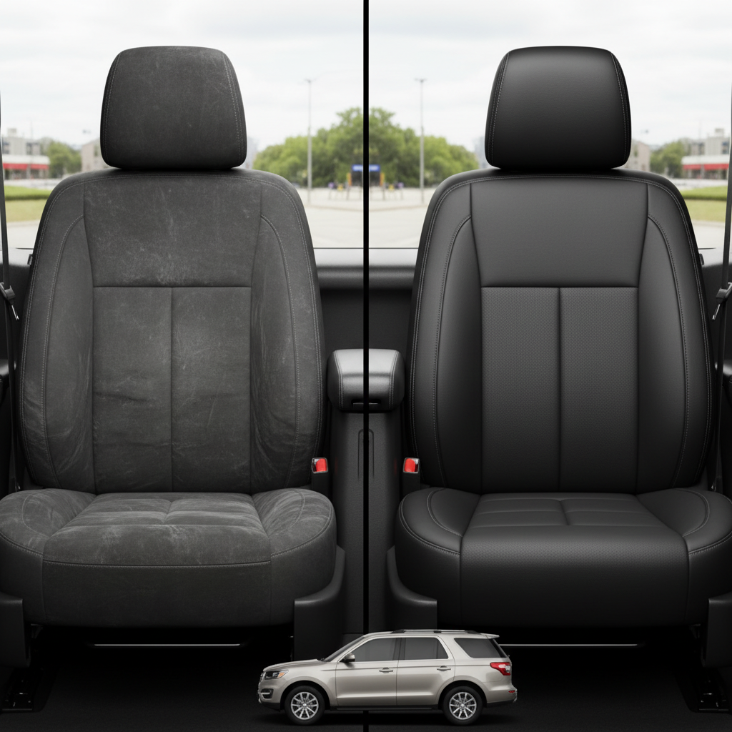 Before-and-after comparison of Ford Expedition front seats, showing original cloth seat upgraded to perforated leather upholstery.
