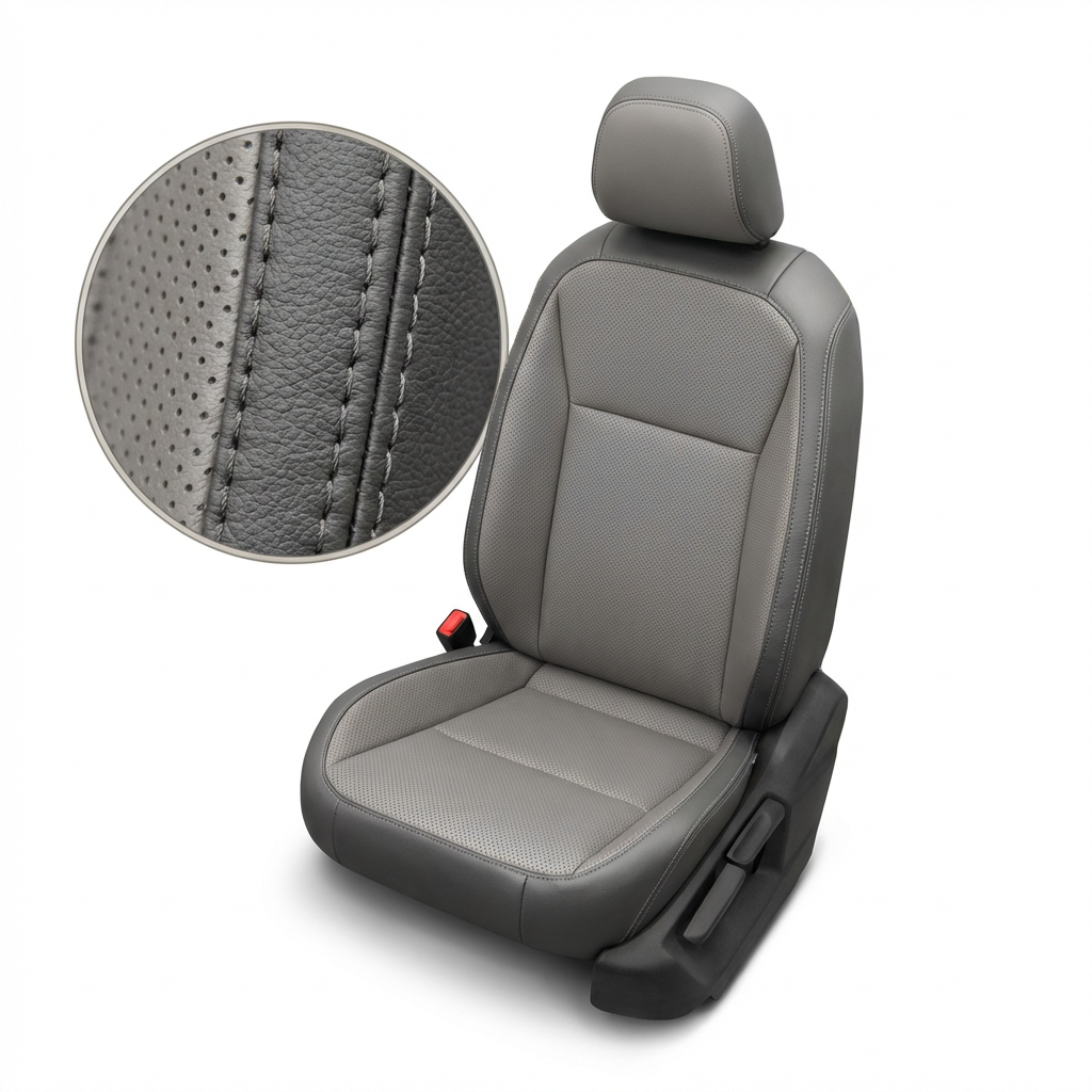 Gray car seat with detailed stitching on a white background