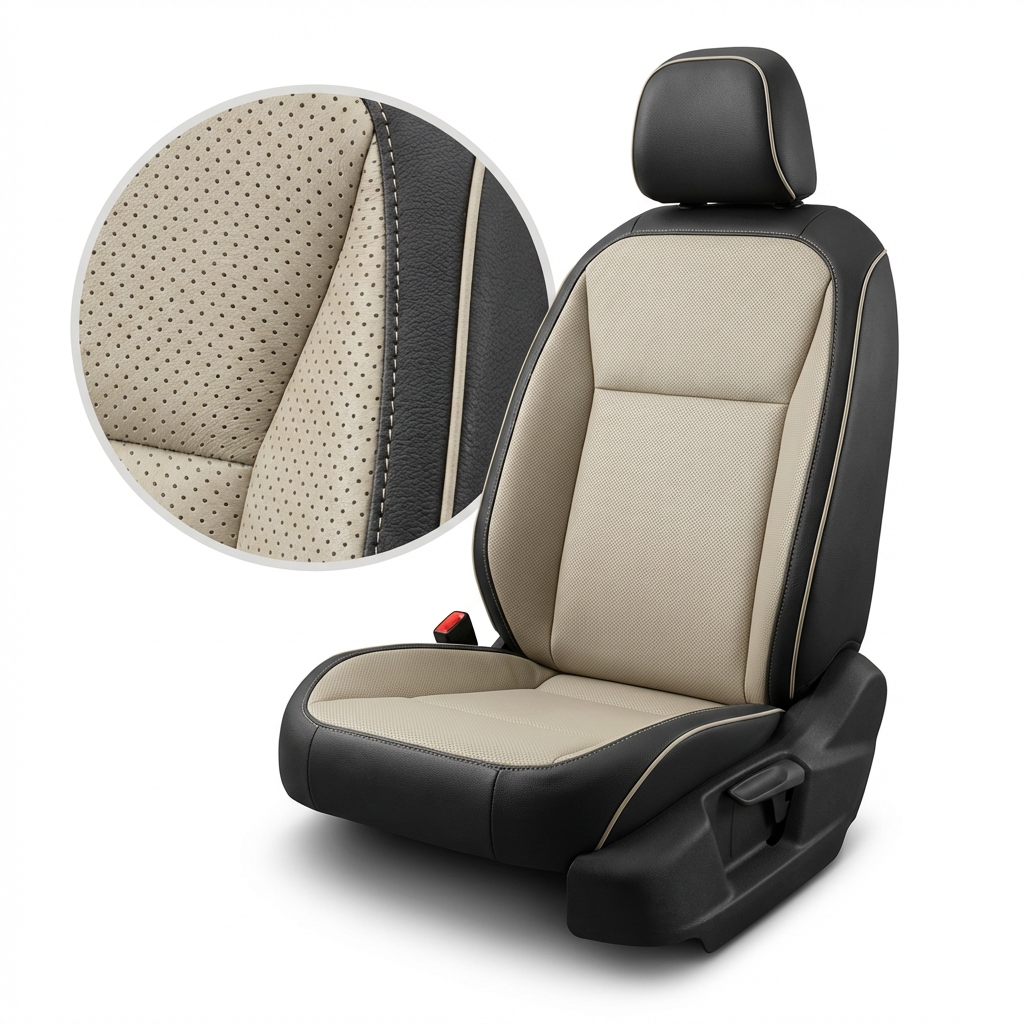 Car seat cover with beige and black design on a white background