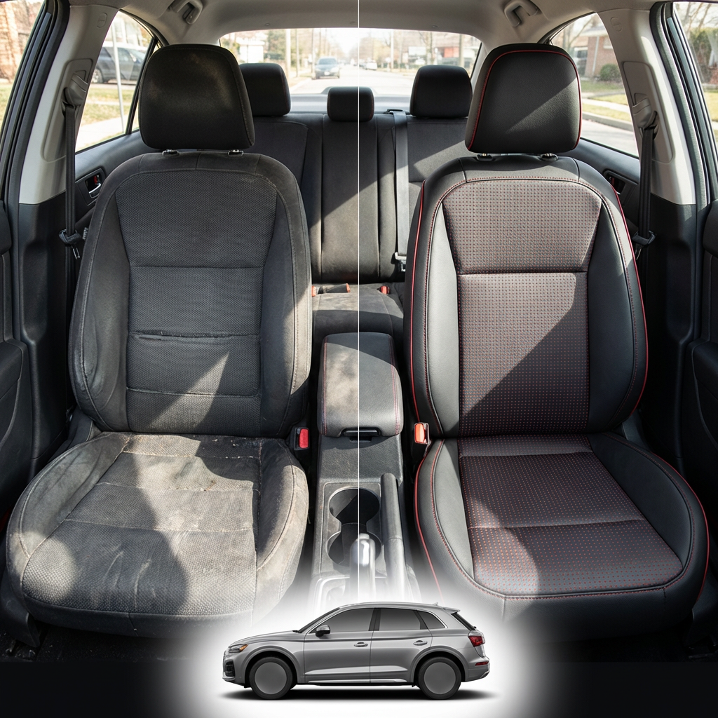 Before-and-after comparison of front seats, showing cloth seat upgraded to perforated leather upholstery.
