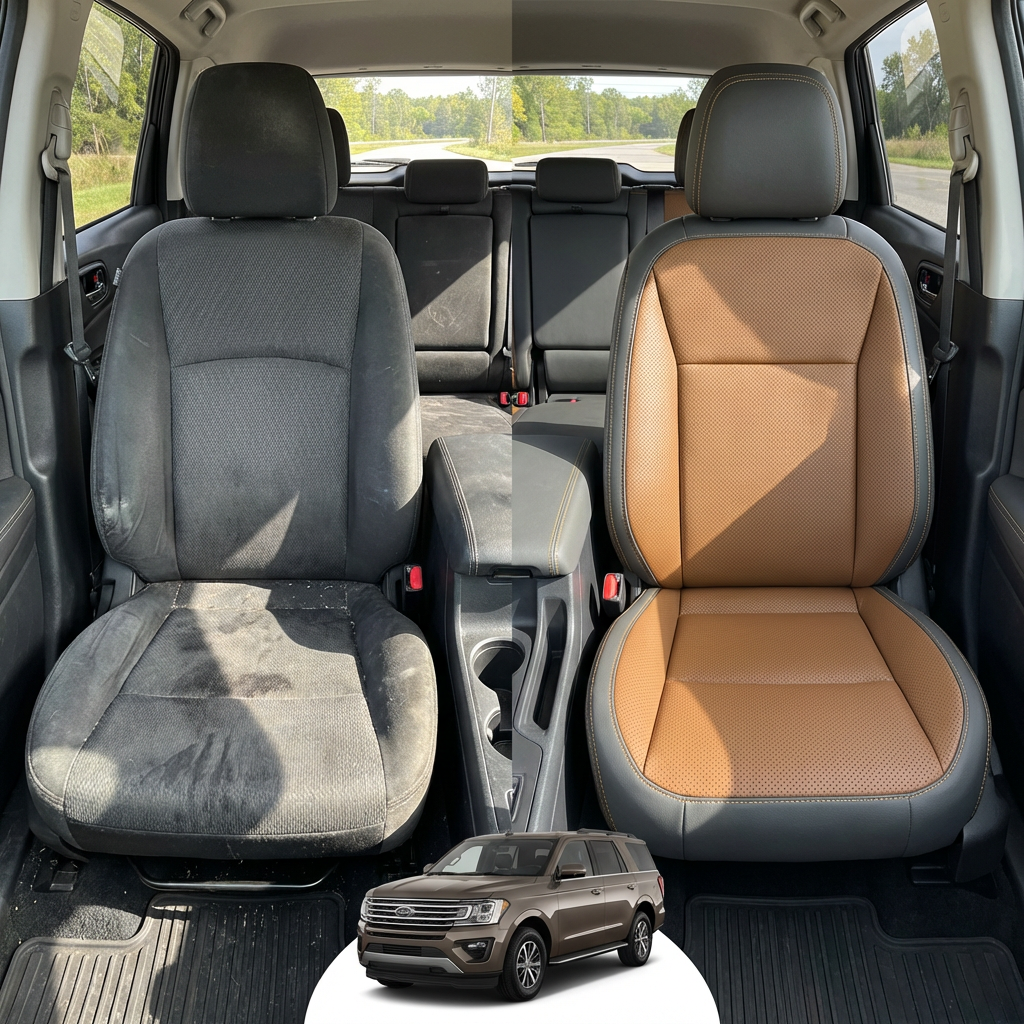 Before-and-after comparison of front seats, showing cloth seat upgraded to perforated leather upholstery.