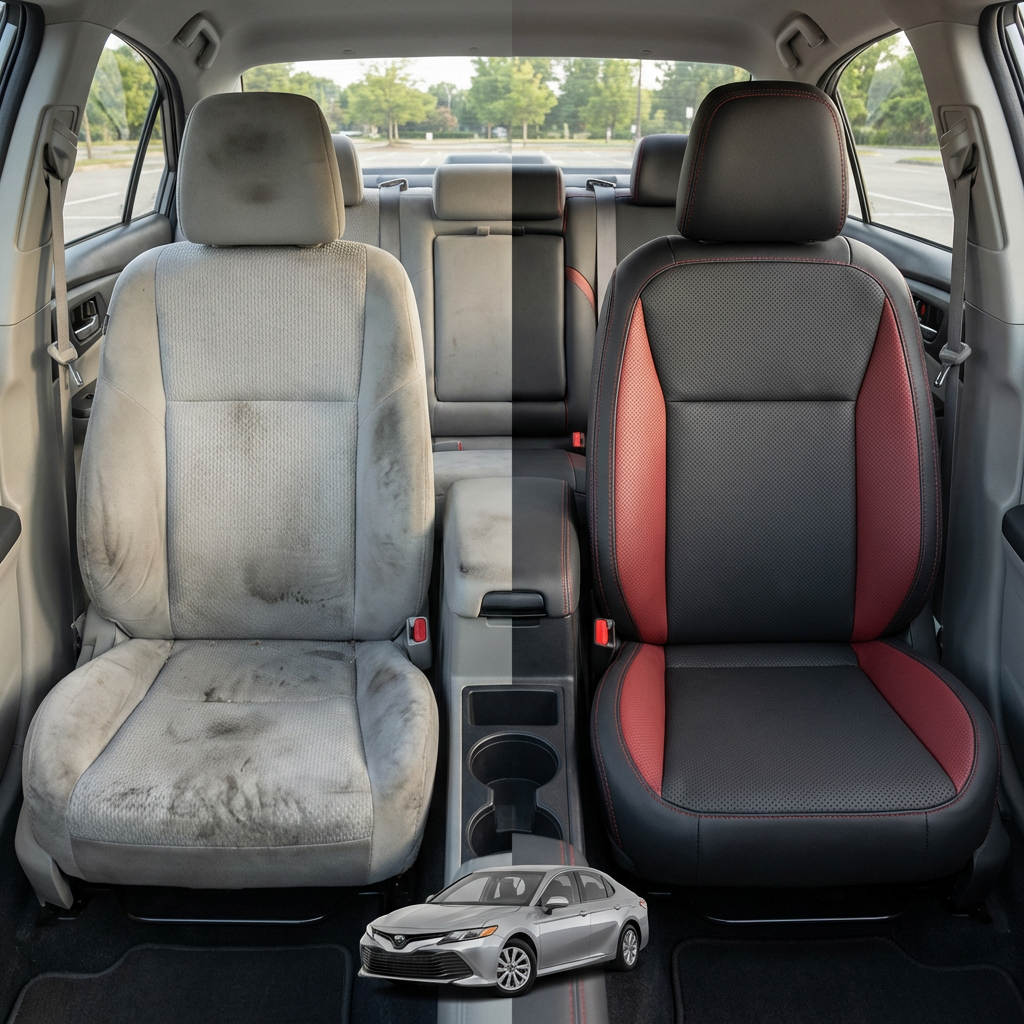 Before-and-after comparison of front seats, showing cloth seat upgraded to perforated leather upholstery.