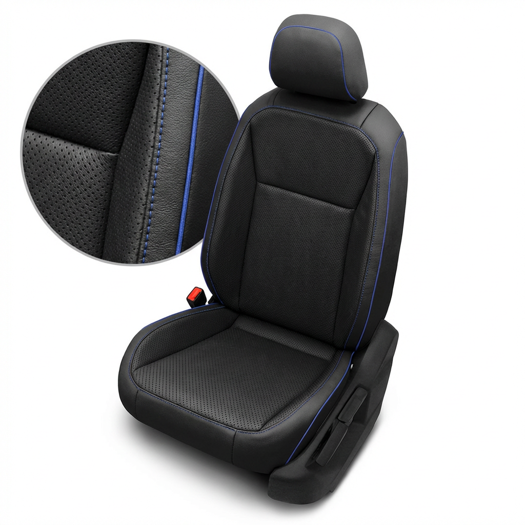 Black car seat cover with blue stitching on a white background