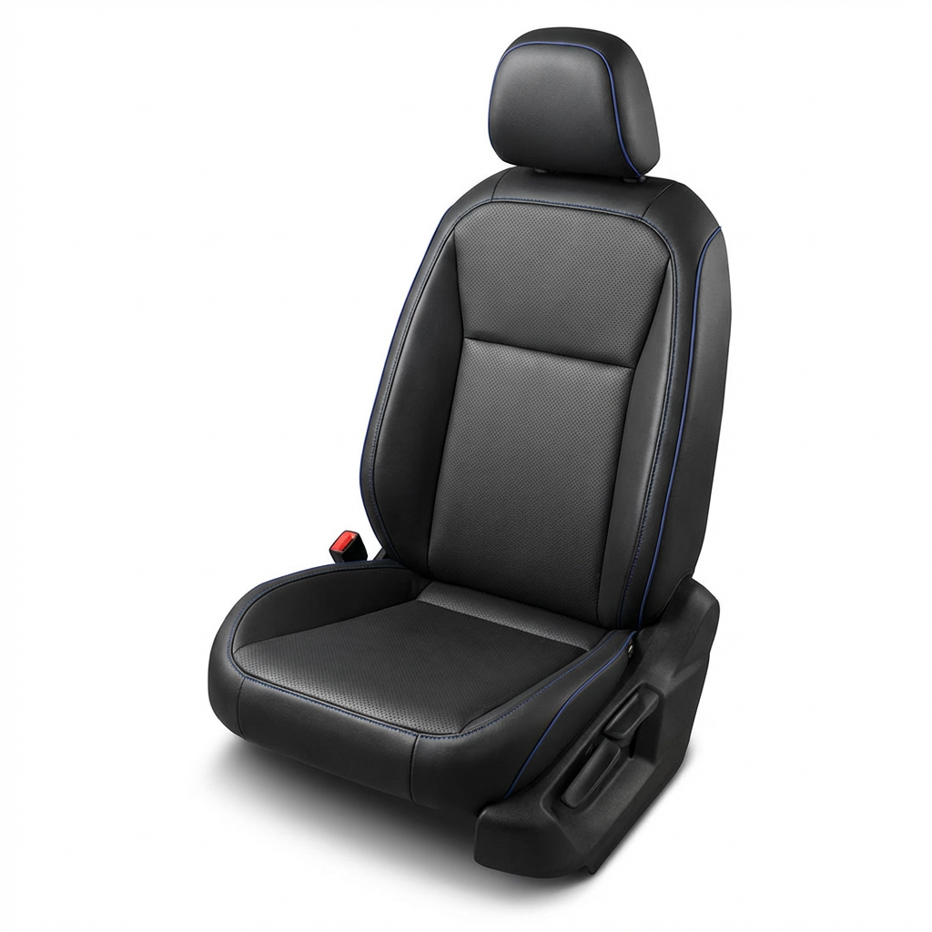 Black car seat with blue stitching on a white background