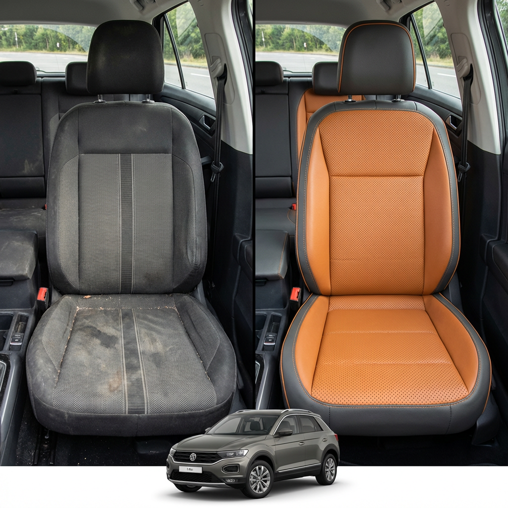 Before-and-after comparison of front seats, showing cloth seat upgraded to perforated leather upholstery.