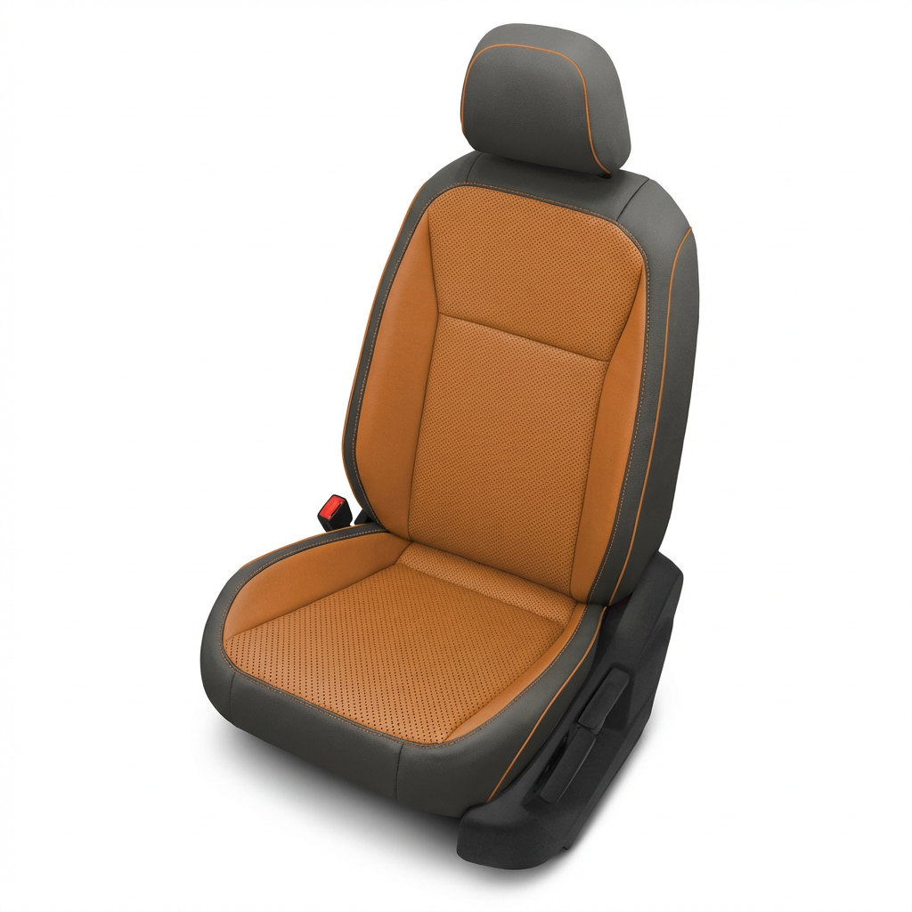 Car seat cover with orange and gray design on a white background