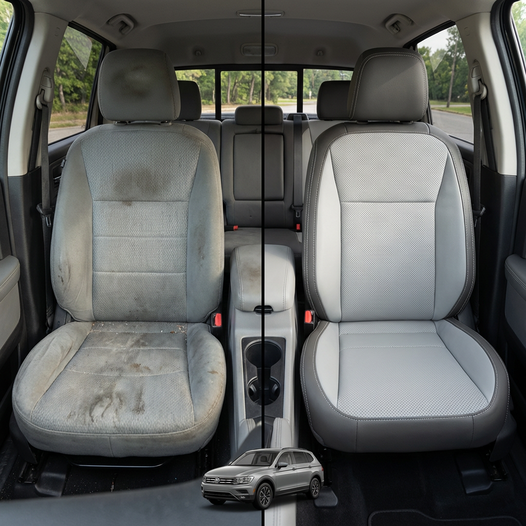 Before-and-after comparison of front seats, showing cloth seat upgraded to perforated leather upholstery.