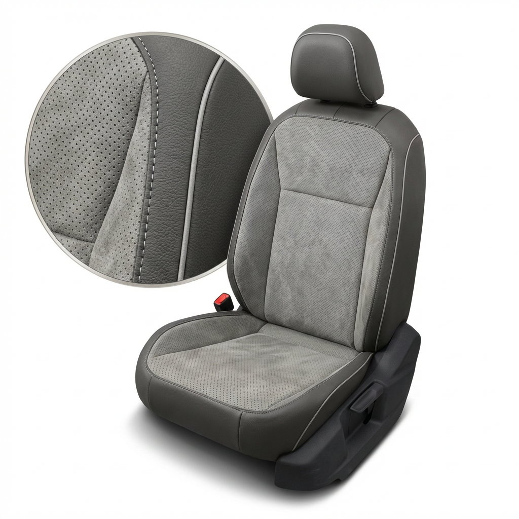 Gray car seat cover and detailed closed up stitching on a white background
