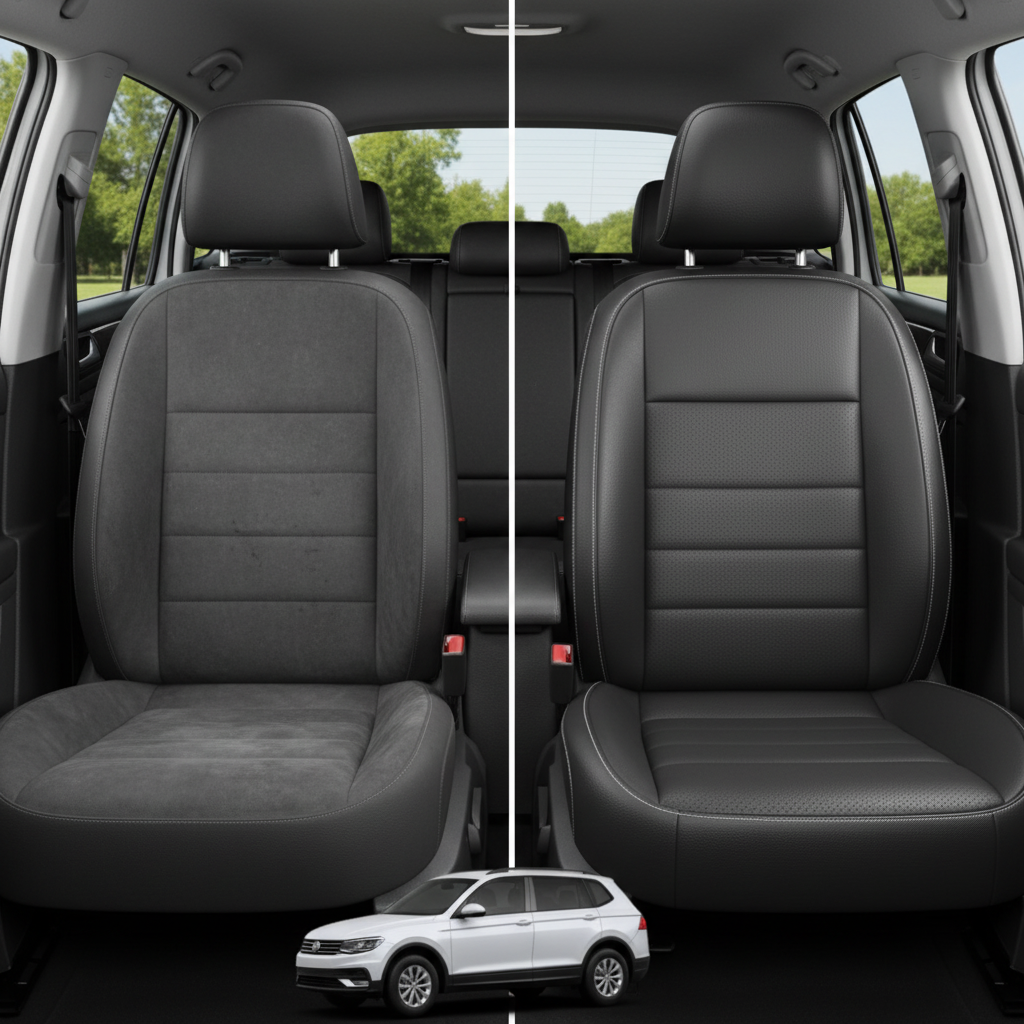 Before-and-after comparison of Volkswagen Tiguan front seats, showing original cloth seat upgraded to perforated leather upholstery.

