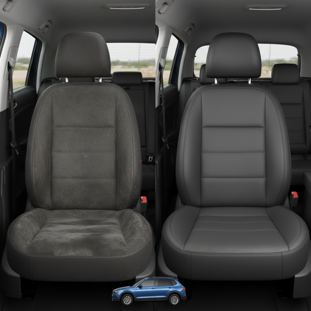 Before-and-after comparison of Volkswagen Tiguan front seats, showing original cloth seat upgraded to perforated leather upholstery.
