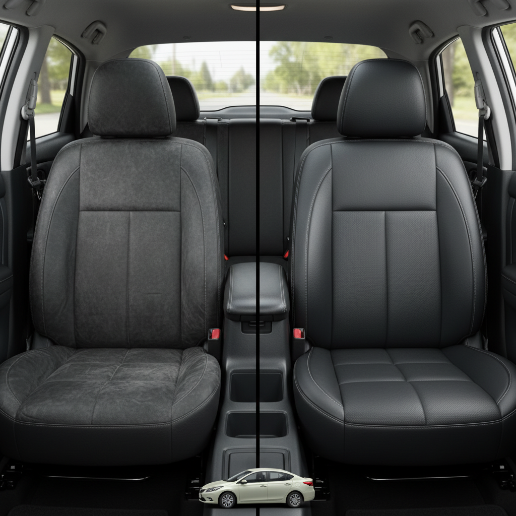 Before-and-after comparison of Nissan Leaf front seats, showing original cloth seat upgraded to perforated leather upholstery.
