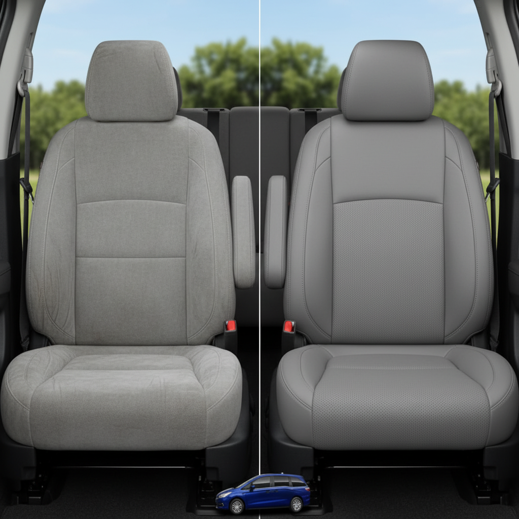 Before-and-after comparison of Honda Odyssey front seats, showing original cloth seat upgraded to perforated leather upholstery.
