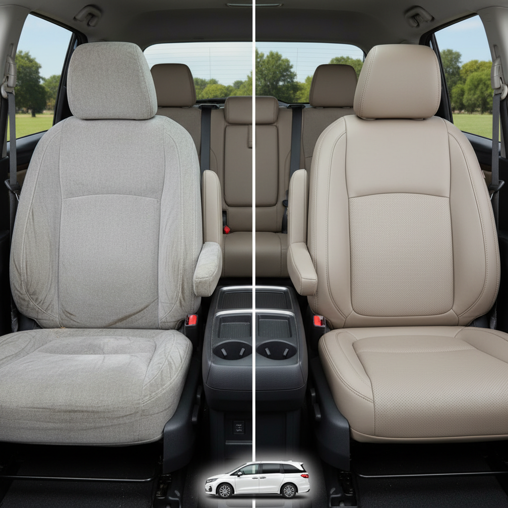 Before-and-after comparison of Honda Odyssey front seats, showing original cloth seat upgraded to perforated leather upholstery.
