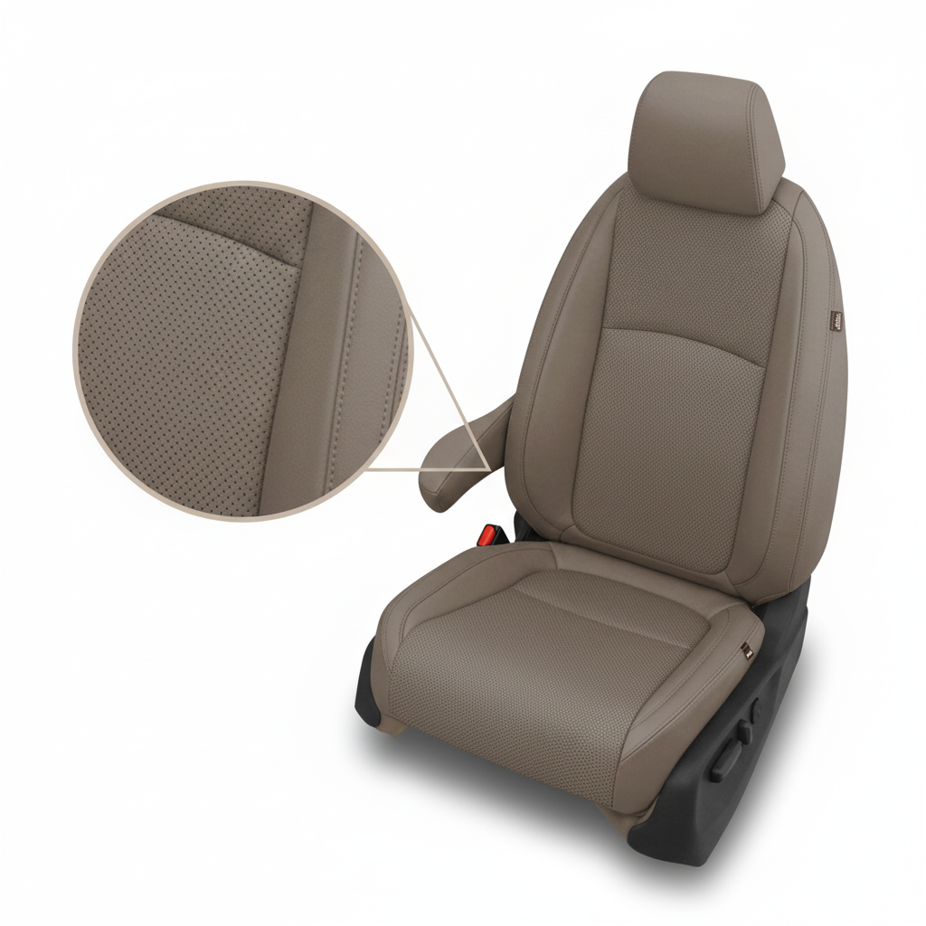 Beige car seat with detailed texture view on a white background