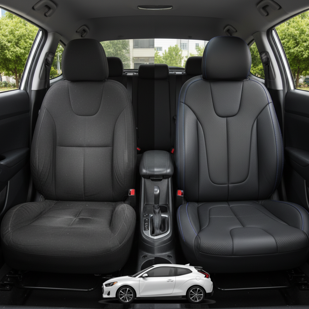 Before-and-after comparison of Hyundai Veloster front seats, showing original cloth seat upgraded to perforated leather upholstery.
