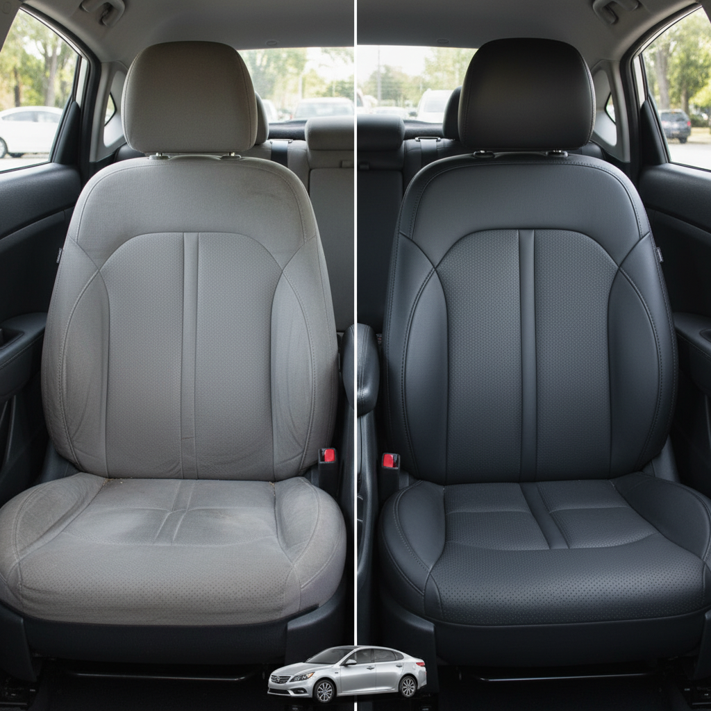 Before-and-after comparison of Kia Optima front seats, showing original cloth seat upgraded to perforated leather upholstery.
