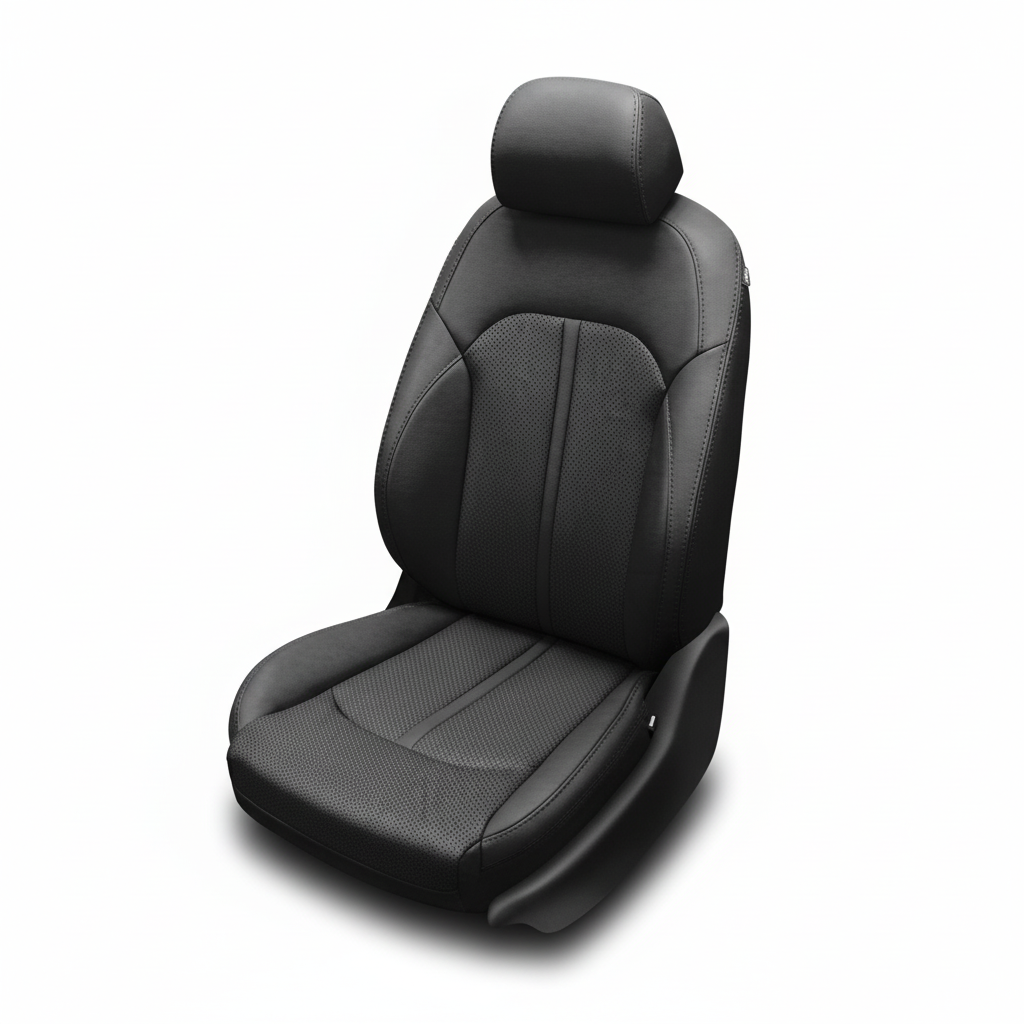 Black leather car seat with smooth panels on a white background.
