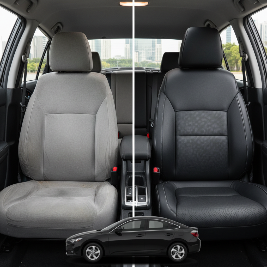 Before-and-after comparison of Honda Insight EX LX front seats, showing cloth seat upgraded to perforated leather upholstery.
