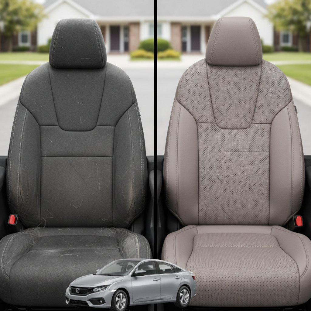 Before-and-after comparison of Honda Insight front seats, showing cloth seat upgraded to perforated leather upholstery.
