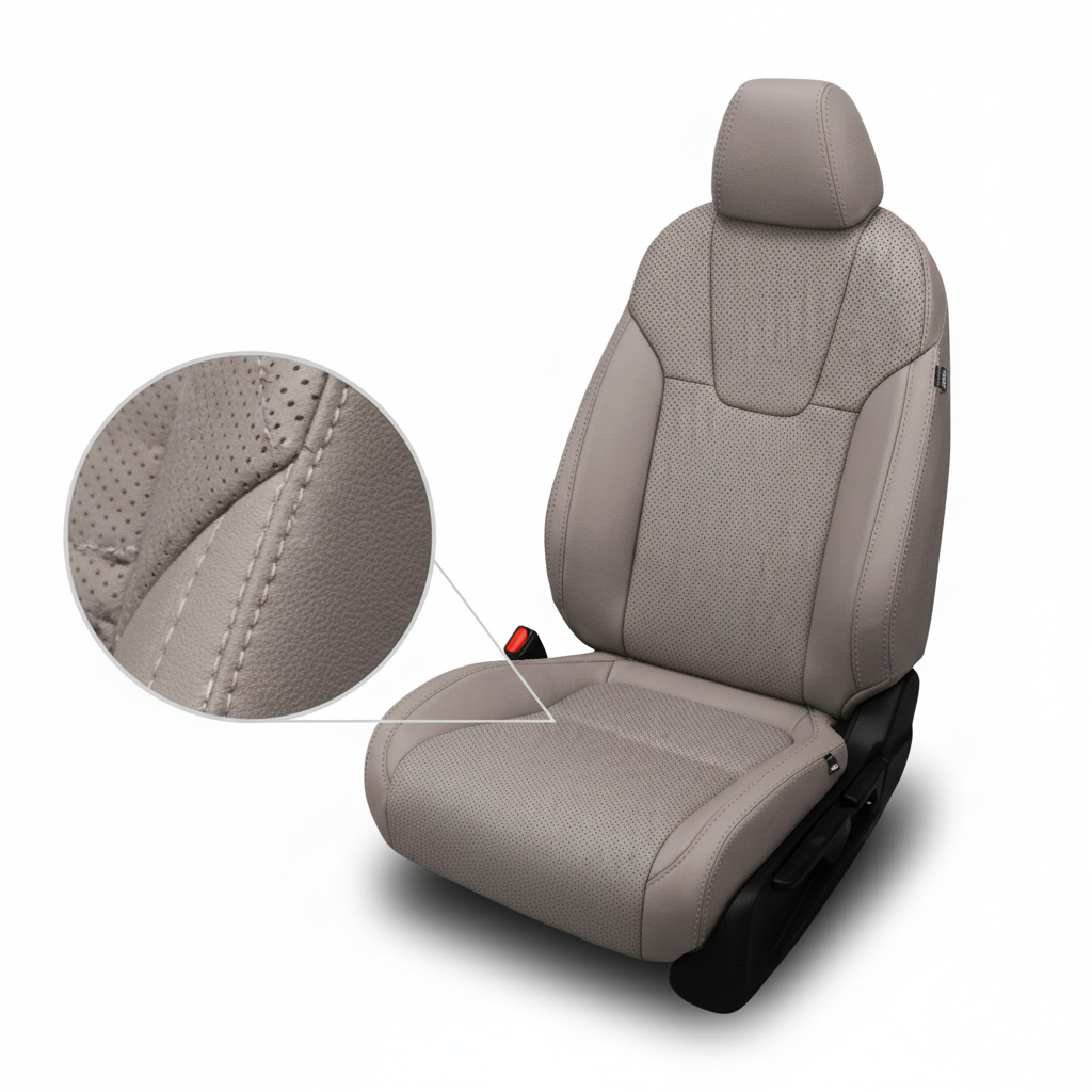 Gray car seat with detailed stitching on a white background