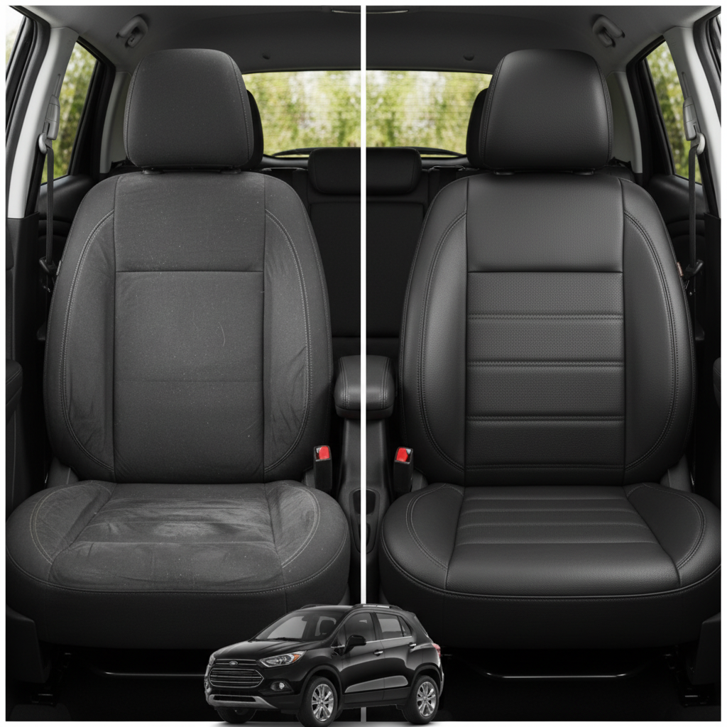 Before-and-after comparison of Chevrolet Trax front seats, showing cloth seat upgraded to perforated leather upholstery.
