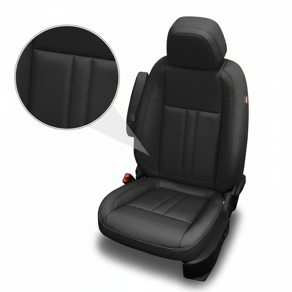 Black car seat cover with detailed texture on a white background