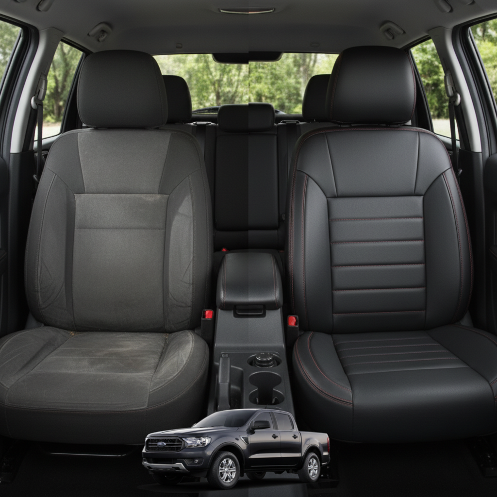 Before-and-after comparison of Ford Ranger XLT front seats, showing original cloth seat upgraded to perforated leather upholstery.
