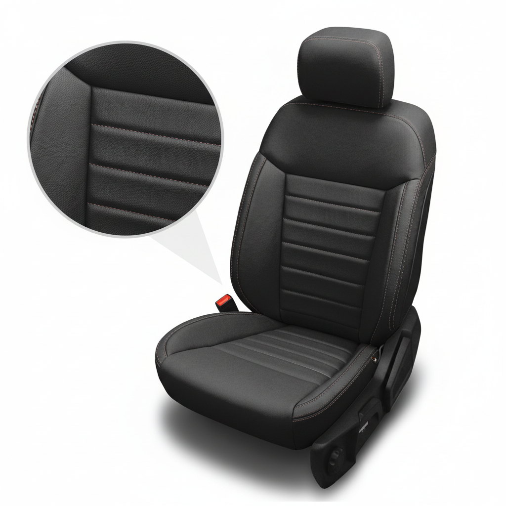 Black car seat cover with detailed stitching on a white background