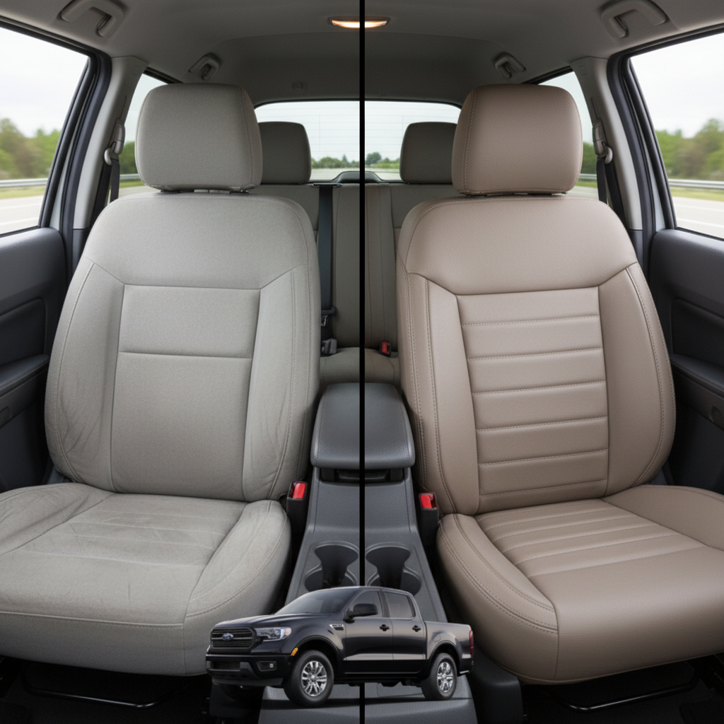 Before-and-after comparison of Ford Ranger XLT front seats, showing original cloth seat upgraded to perforated leather upholstery.
