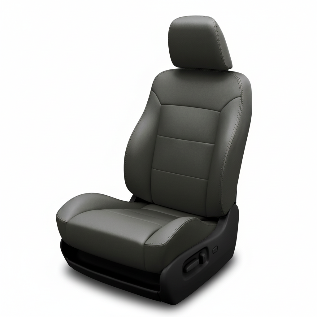 Dark gray leather car seat with smooth panels on a white background.
