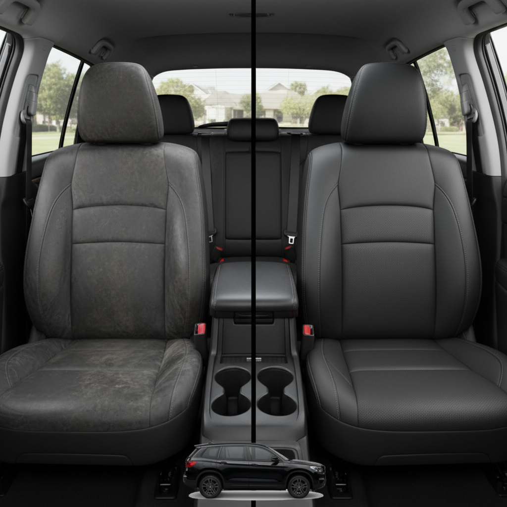 Before-and-after comparison of Honda Passport Sport front seats, showing original cloth seat upgraded to perforated leather upholstery.
