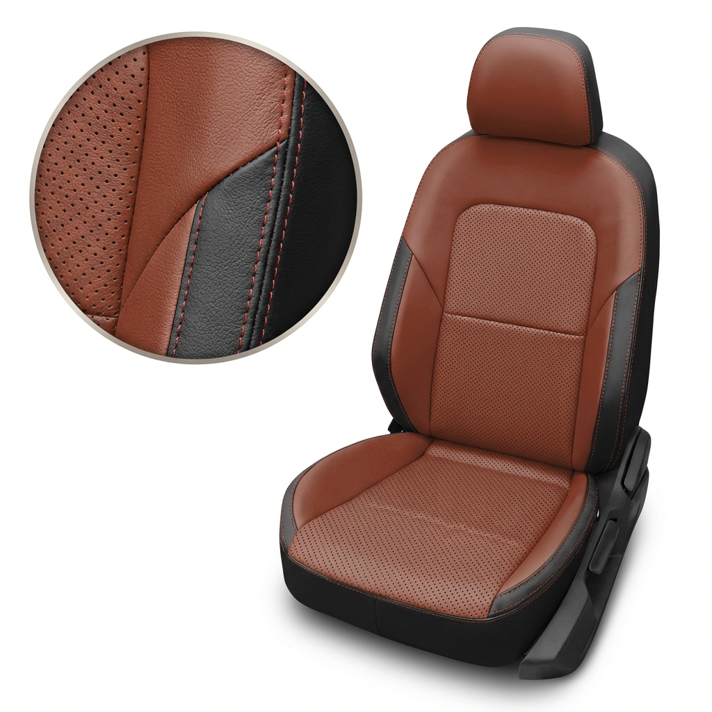 Brown and black car seat cover with detailed texture on a white background