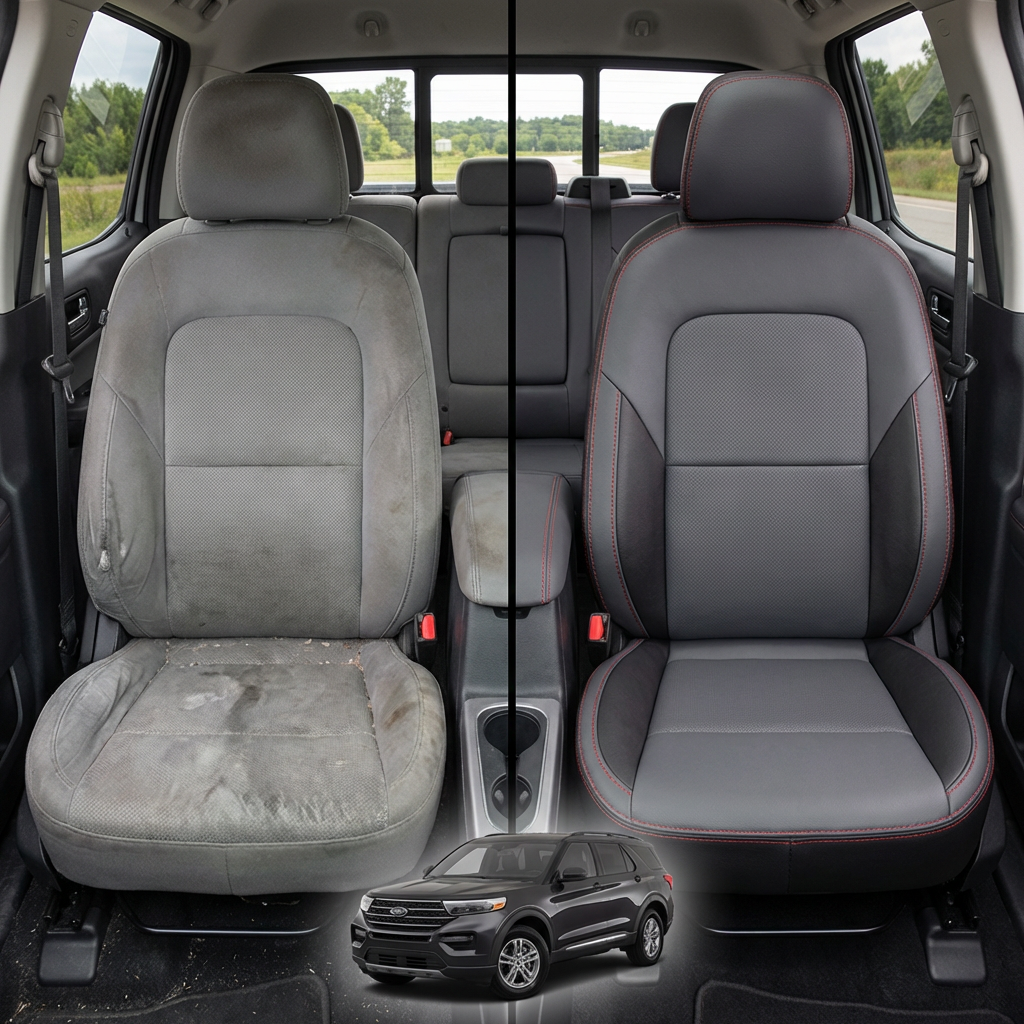 Before-and-after comparison of front seats, showing cloth seat upgraded to perforated leather upholstery.
