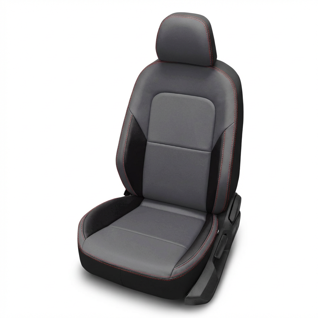Gray car seat cover with black accents on a white background