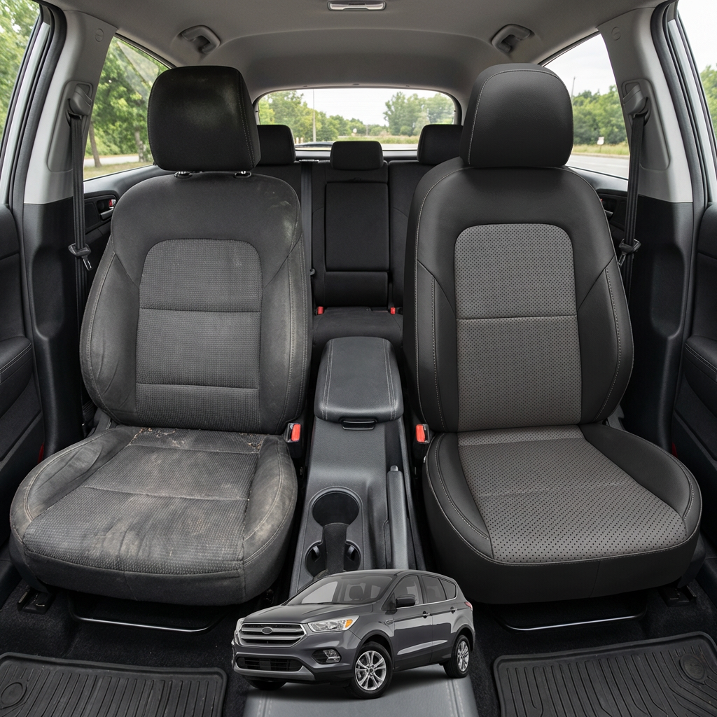 Before-and-after comparison of front seats, showing cloth seat upgraded to perforated leather upholstery.
