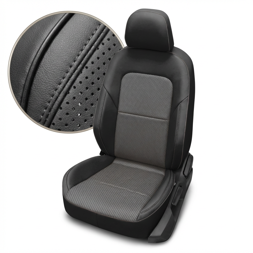 Black and gray car seat cover with detailed texture on a white background