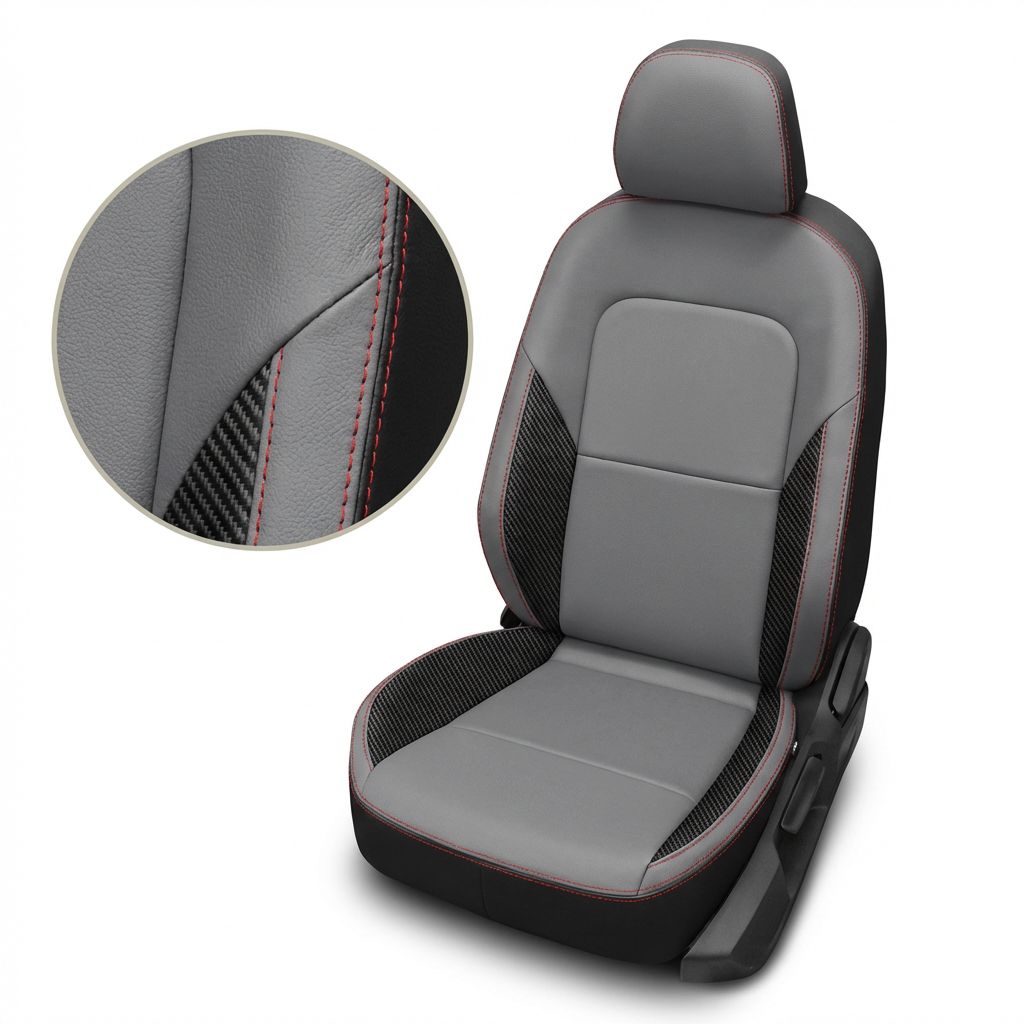 Gray car seat cover with red stitching detail on a white background