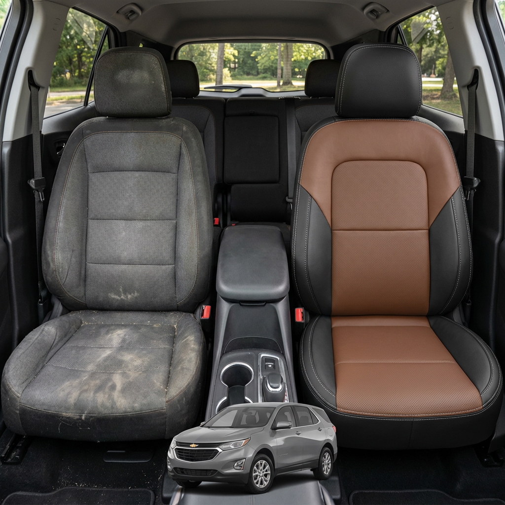 Before-and-after comparison of front seats, showing cloth seat upgraded to perforated leather upholstery.