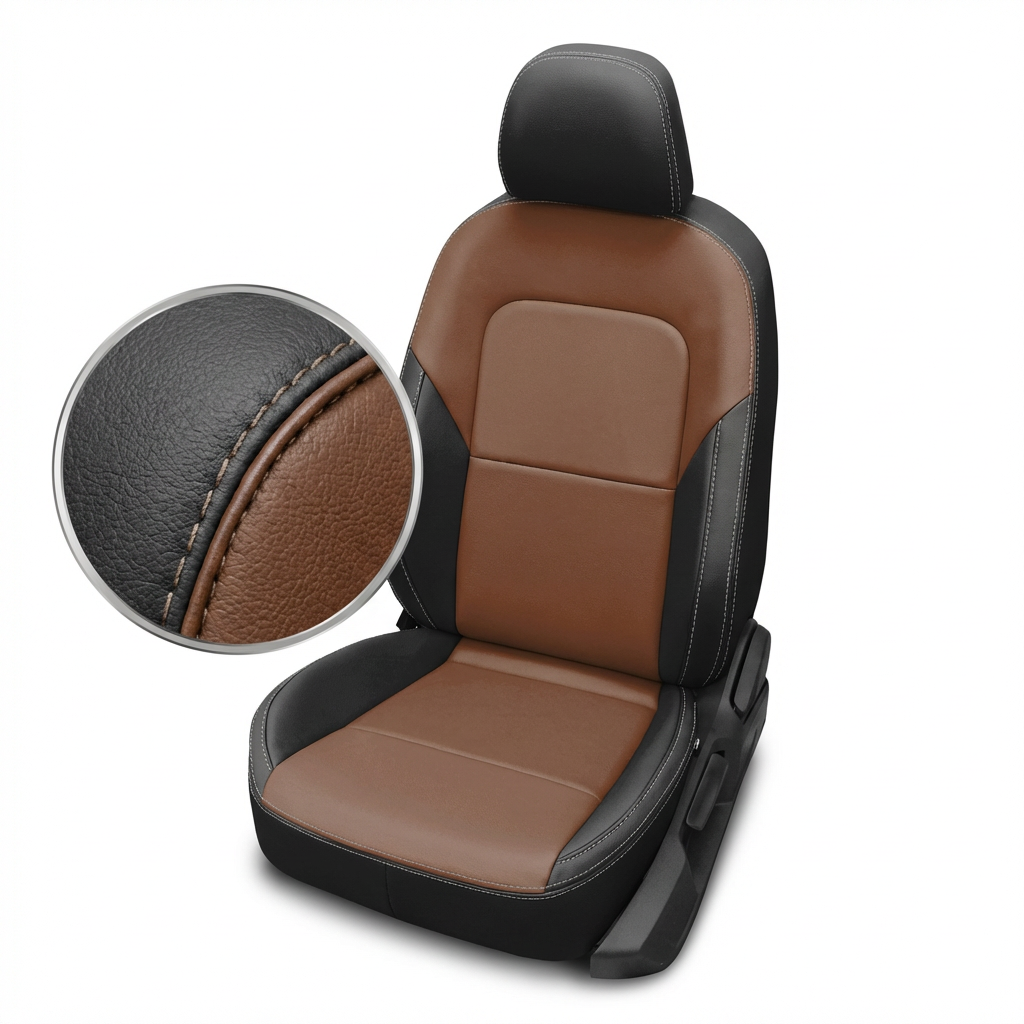 Brown and black car seat cover with close-up of leather texture on a white background