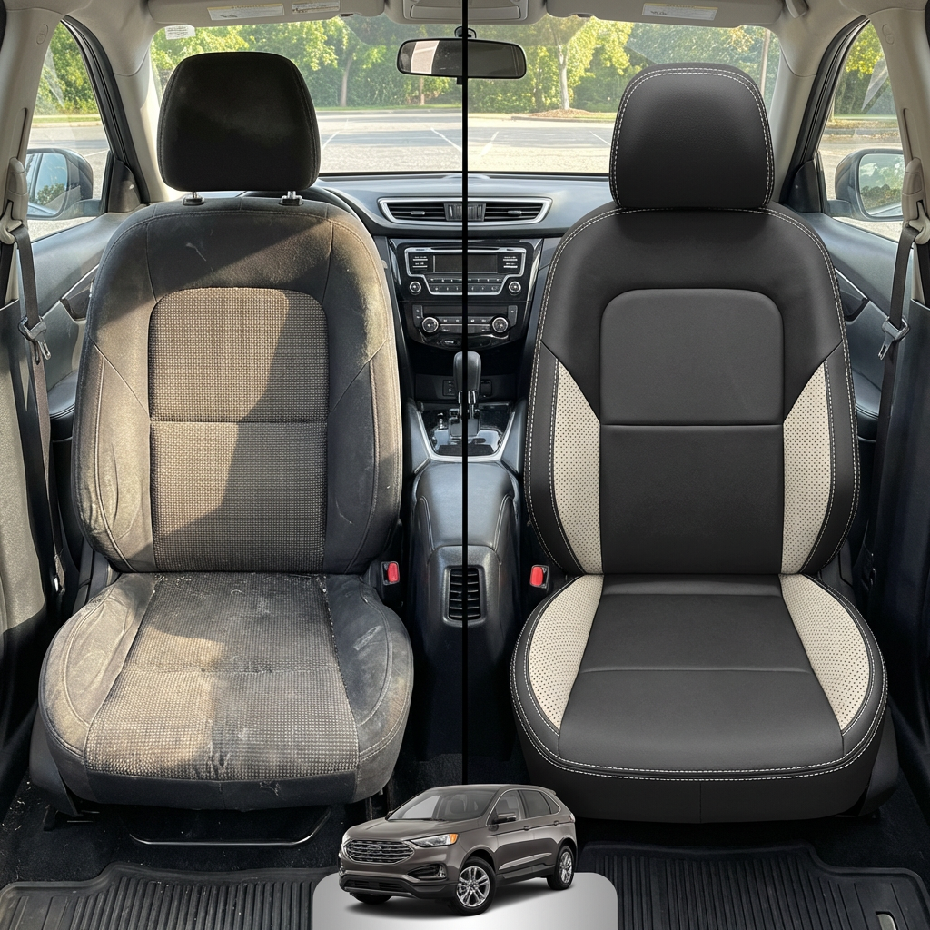 Before-and-after comparison of front seats, showing cloth seat upgraded to perforated leather upholstery.