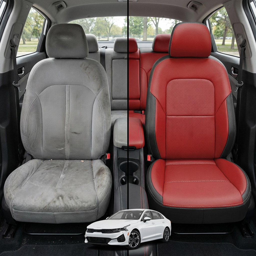 Before-and-after comparison of front seats, showing cloth seat upgraded to perforated leather upholstery.