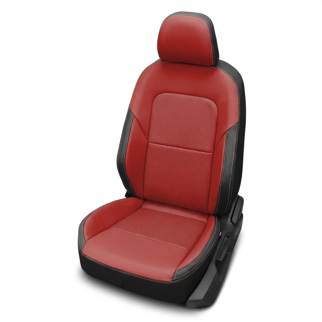 Red car seat cover with black accents on a white background