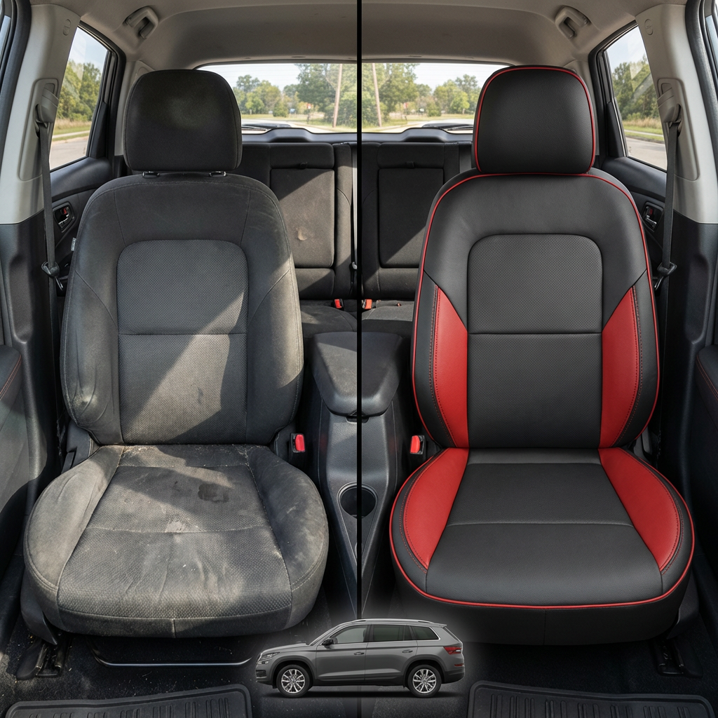Before-and-after comparison of front seats, showing cloth seat upgraded to perforated leather upholstery.