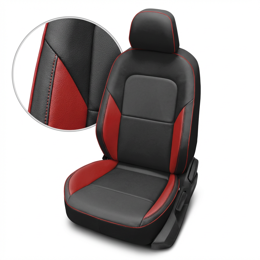 Black and red car seat cover with close-up detail on a white background