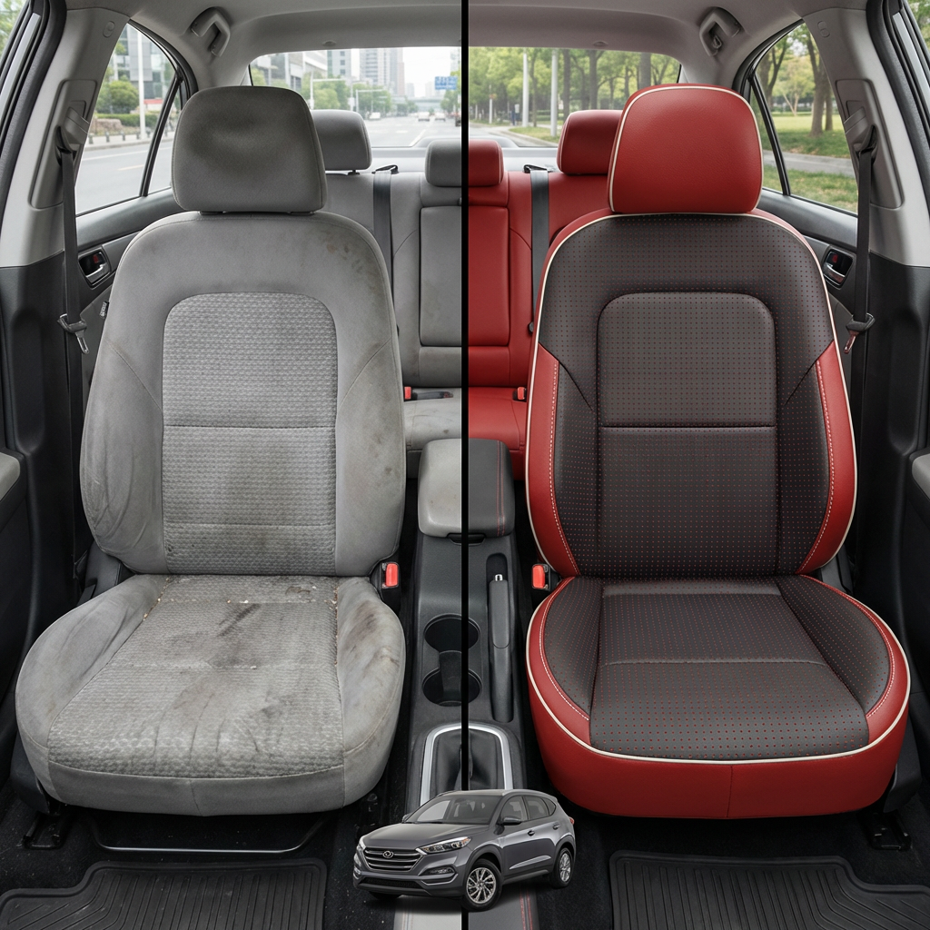 Before-and-after comparison of front seats, showing cloth seat upgraded to perforated leather upholstery.